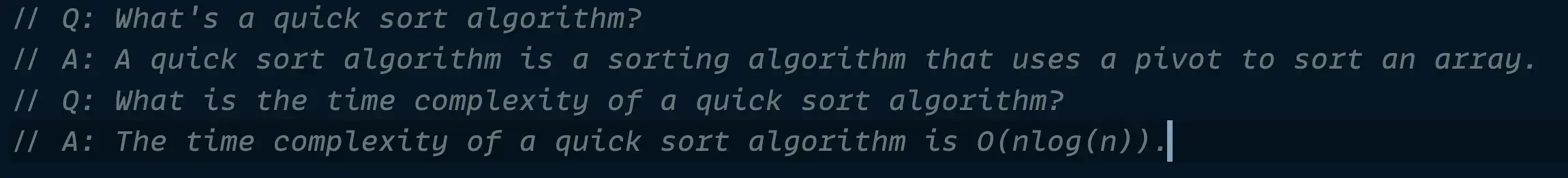 Copilot answers a question about quick sort algorithm